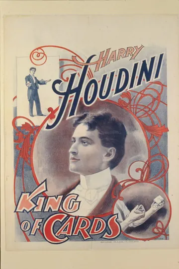 A red and blue poster: Harry Houdini, King of Cards, with his portrait and a fan of cards in his hand.