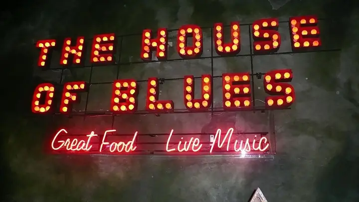 The red marquee letters of the House of Blues sign at Mandalay Bay, Las Vegas
